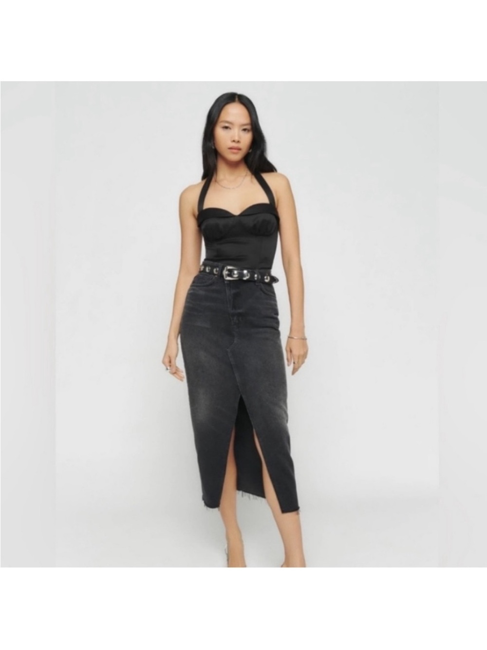 Reformation Nila Long Denim Skirt Front Slit Raw Hem Faded Washed Black Sz 30